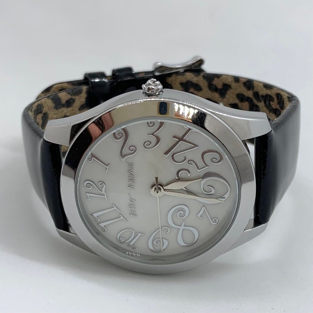 Betsey Johnson Black Patent Watch with Silver Case and Leopard Liner